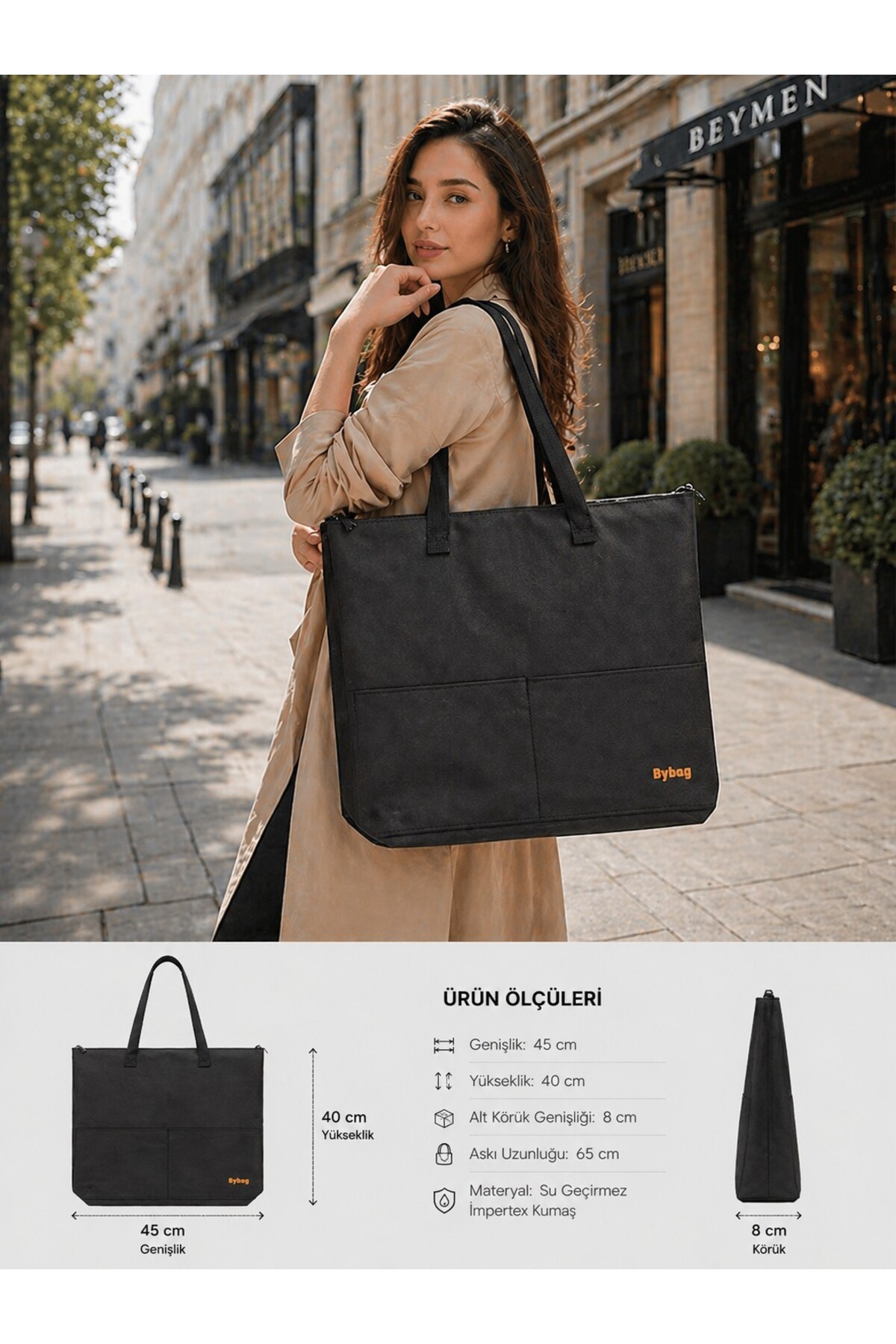 BYBAG Su Geçirmez İmpertex Büyük Boy Kadın Kol Çantası 45x40 cm Fermuarlı 2 Cepli + Hediye Makyaj Çantası görsel 3