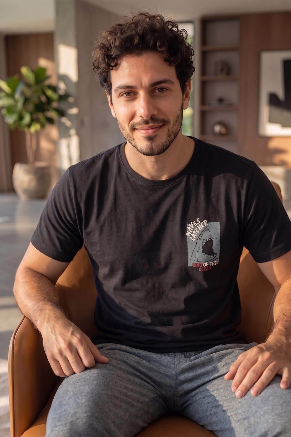 Pijamaevi Siyah Waves Desenli Kısa Kollu Erkek Pijama Takımı görsel 3