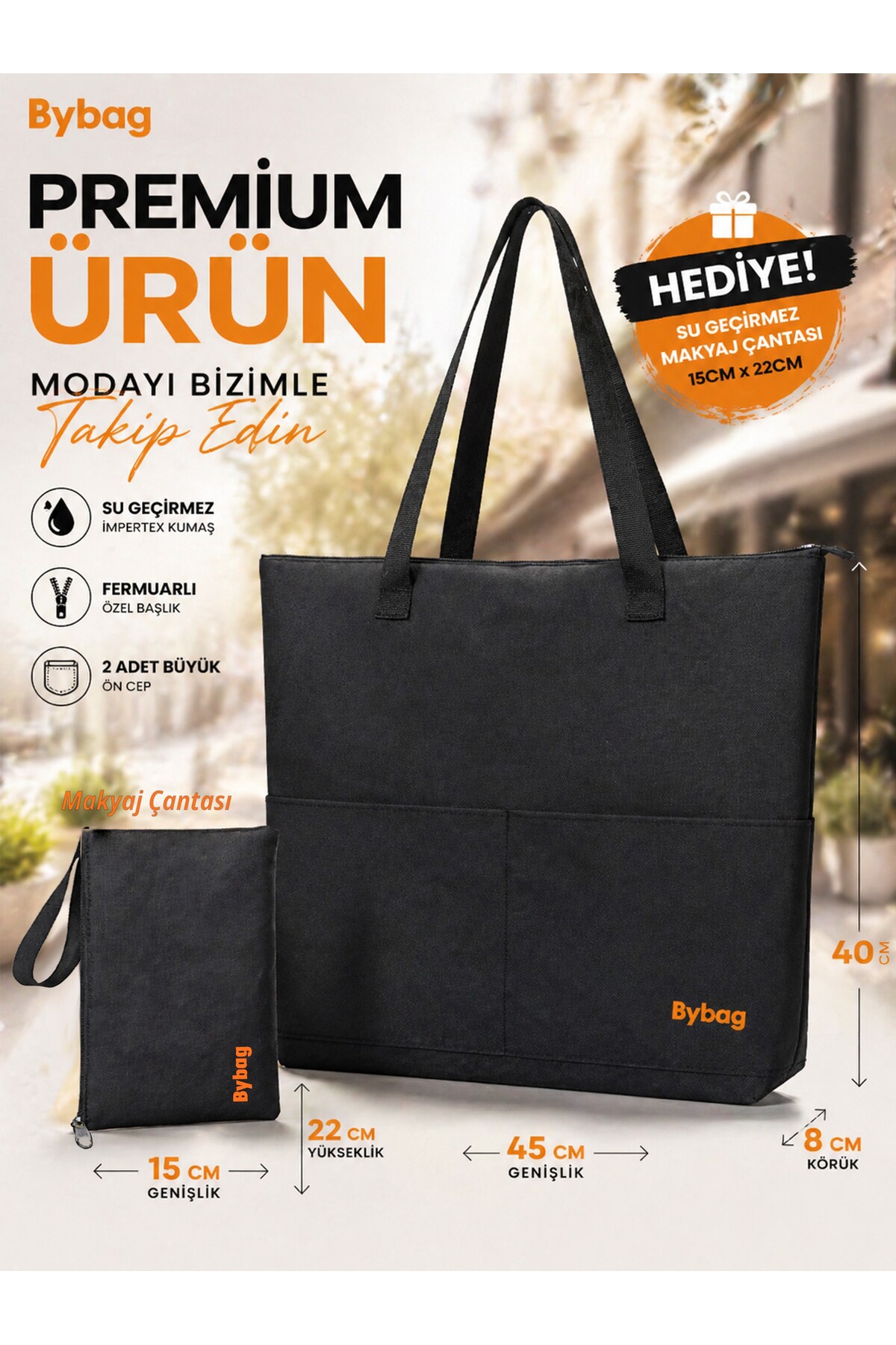 BYBAG Su Geçirmez İmpertex Büyük Boy Kadın Kol Çantası 45x40 cm Fermuarlı 2 Cepli + Hediye Makyaj Çantası