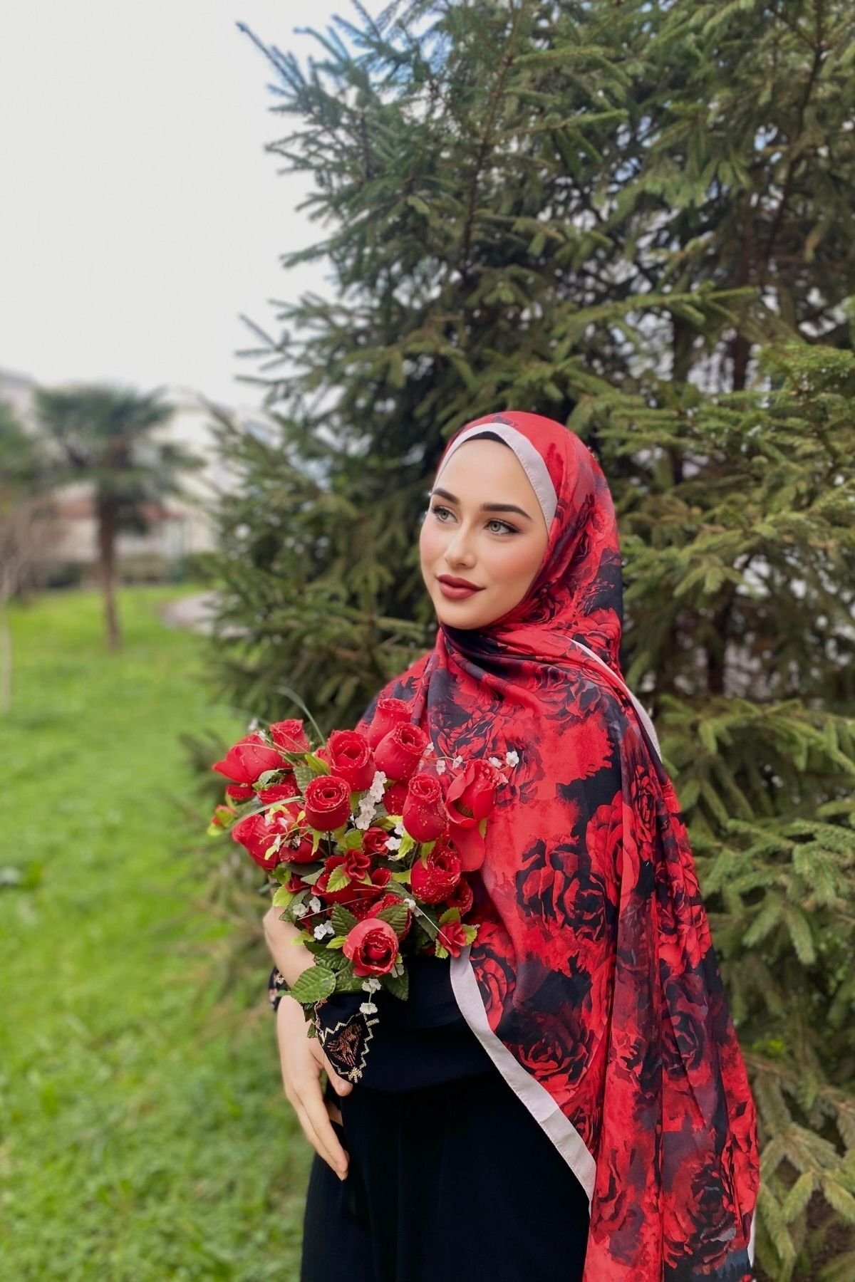 Firuze scarf ROSE DESEN KIRMIZI SOFT ŞAL görsel 4