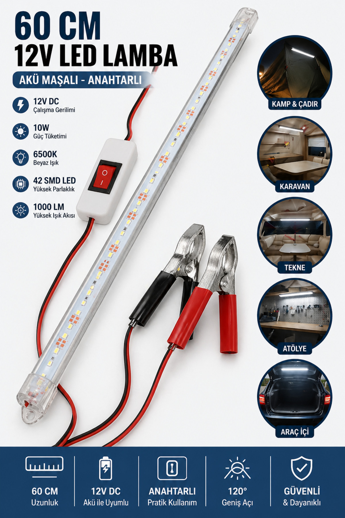 nelerbulurum 60 cm 12V LED Lamba Akü Maşalı Anahtarlı 10W 6500K
