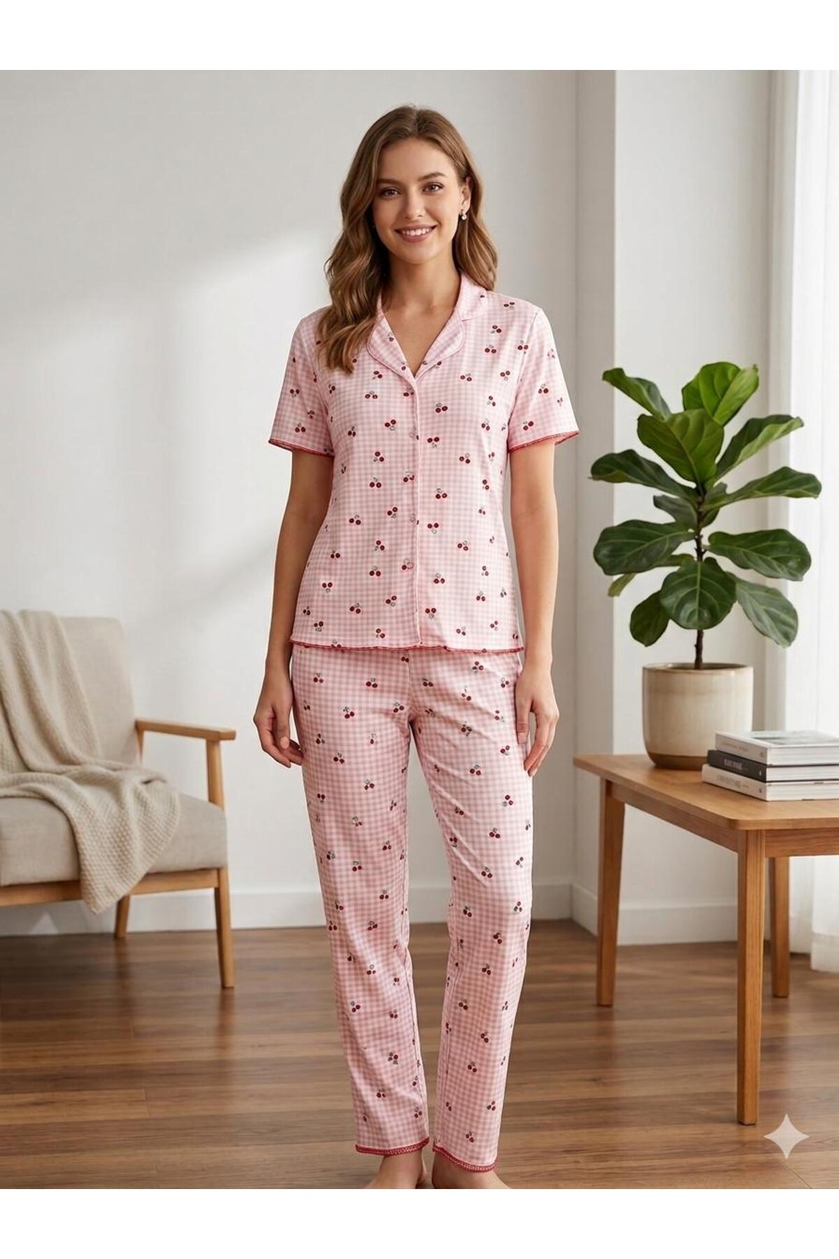 FAMES PİJAMA Summer Camisole Patterned Shirt with Collar Buttons Women's Short Sleeve Lycra Pajama Set