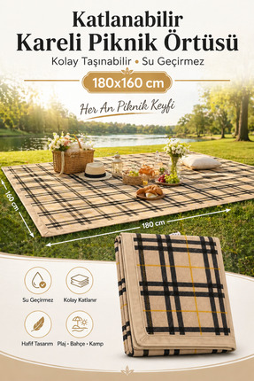 viyol marketim Kareli Piknik Örtüsü 180x160 cm – Su Geçirmez, Katlanabilir, P...