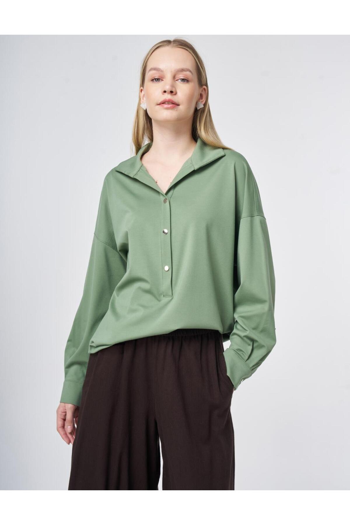 Kayra Polo Yaka Rayon Sweatshirt Yosun Yeşili