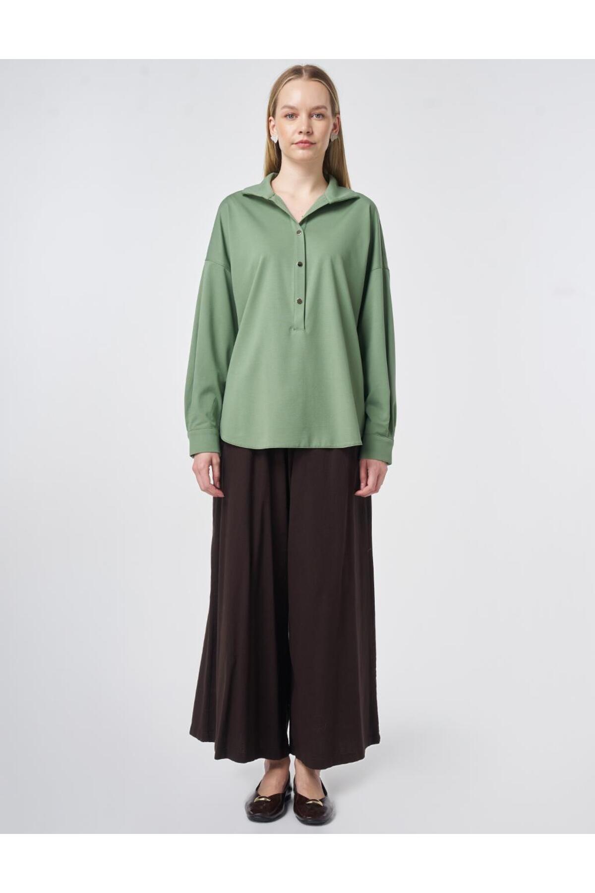 Kayra Polo Yaka Rayon Sweatshirt Yosun Yeşili görsel 3