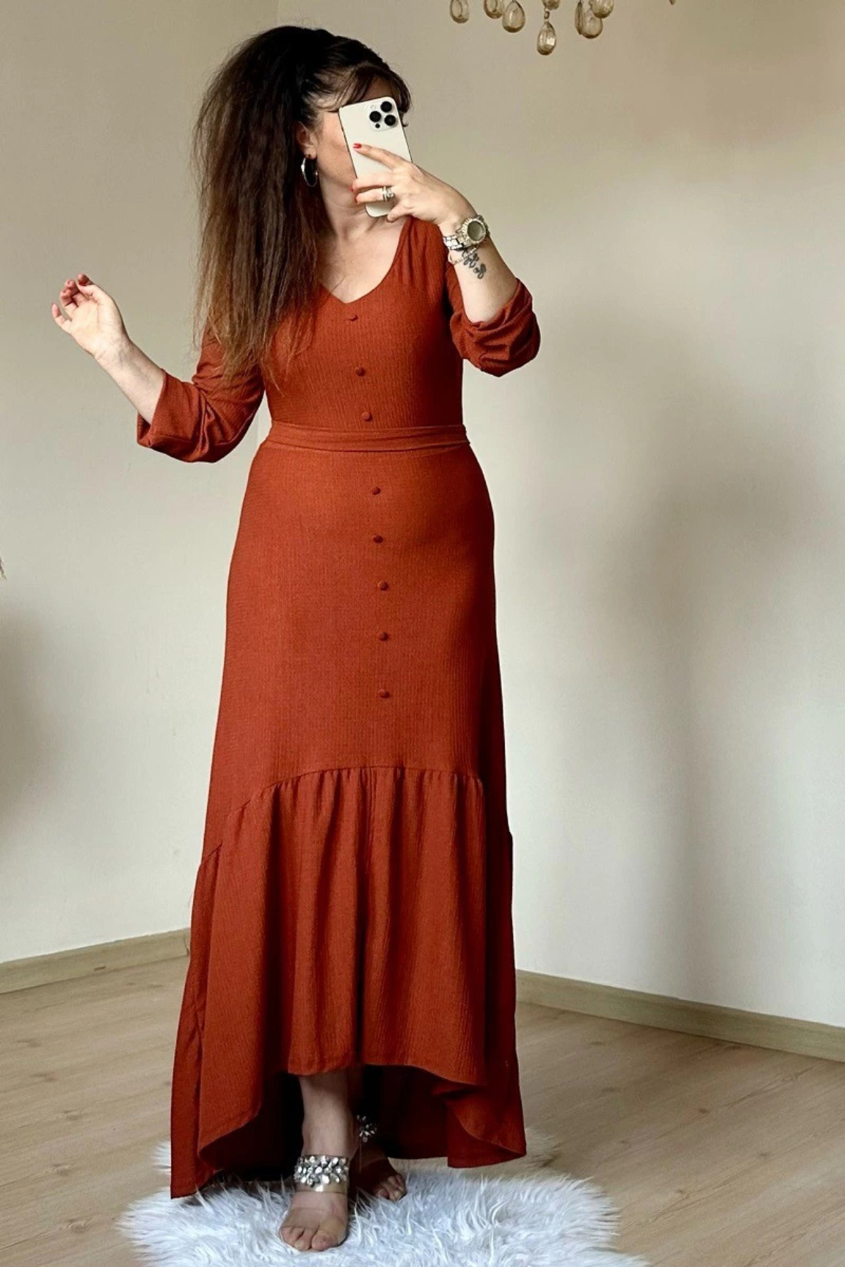AZRA BUTİK Uzun Kol Romantik Elbise Kiremit