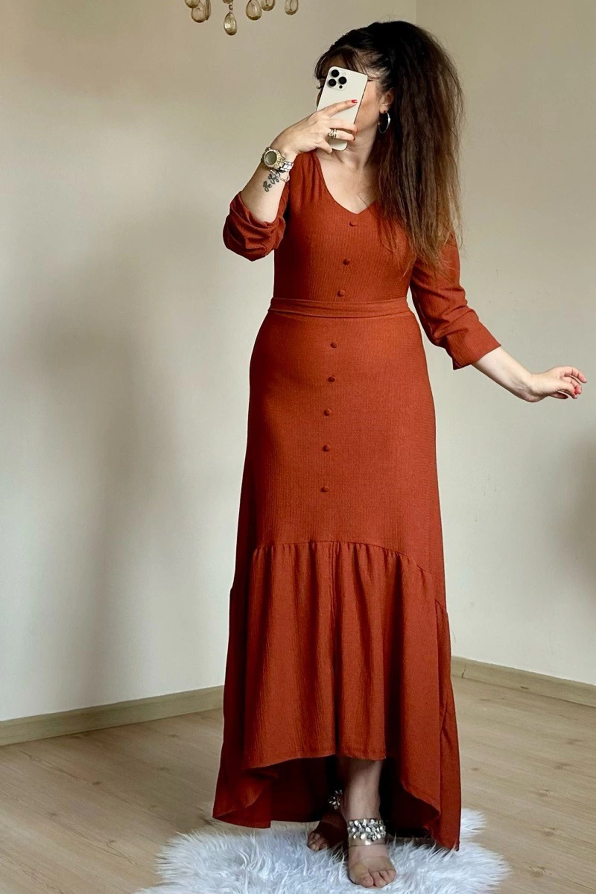 AZRA BUTİK Uzun Kol Romantik Elbise Kiremit görsel 2