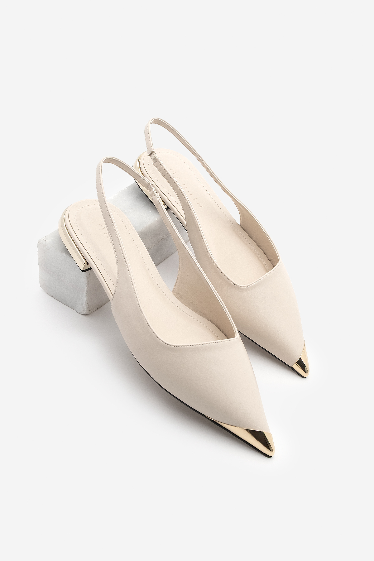 Women Pointed Nose Front Gold Detailed Back Light Gold Painting Heel Flats Dufis Ecru