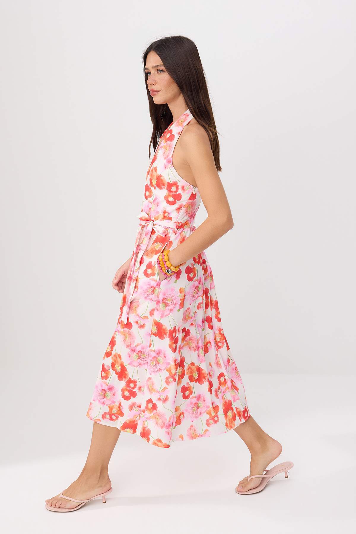 Trendyolmilla Pembe-Çok Renkli Poplin Çiçekli Midi Dokuma Elbise TWOSS26EL00426