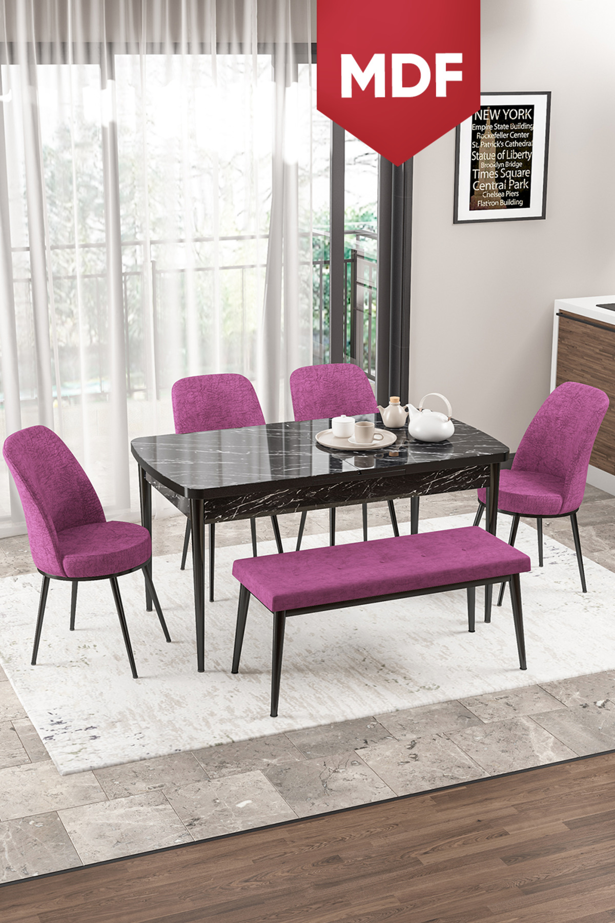Via Series MDF Retractable Kitchen Table Set Black Marble Pattern Table 4 Purple Chairs 1 Bench