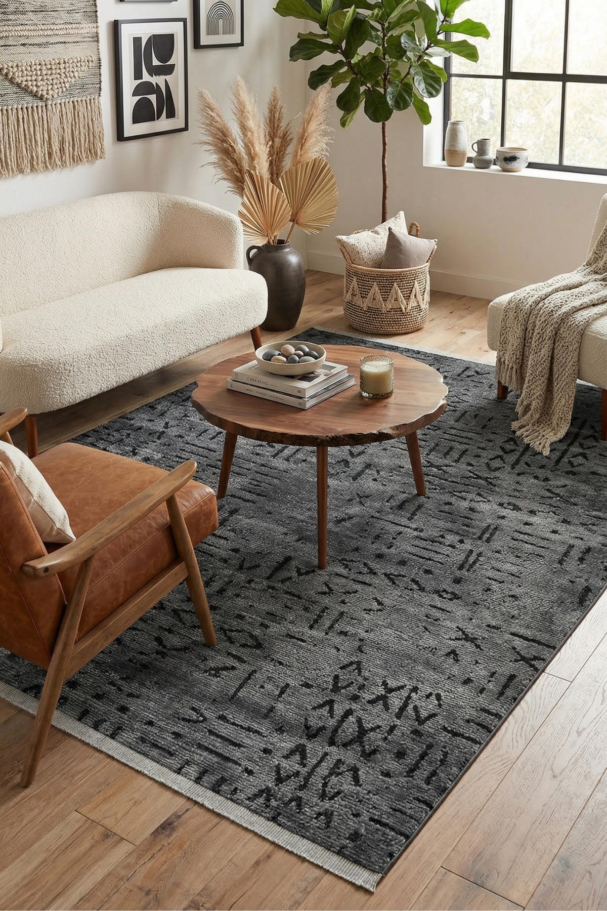 Venus Soft Cotton Woven Rug | Anthracite Scandinavian Carpet with Non-Slip Base | Living Room and Kitchen Carpet
