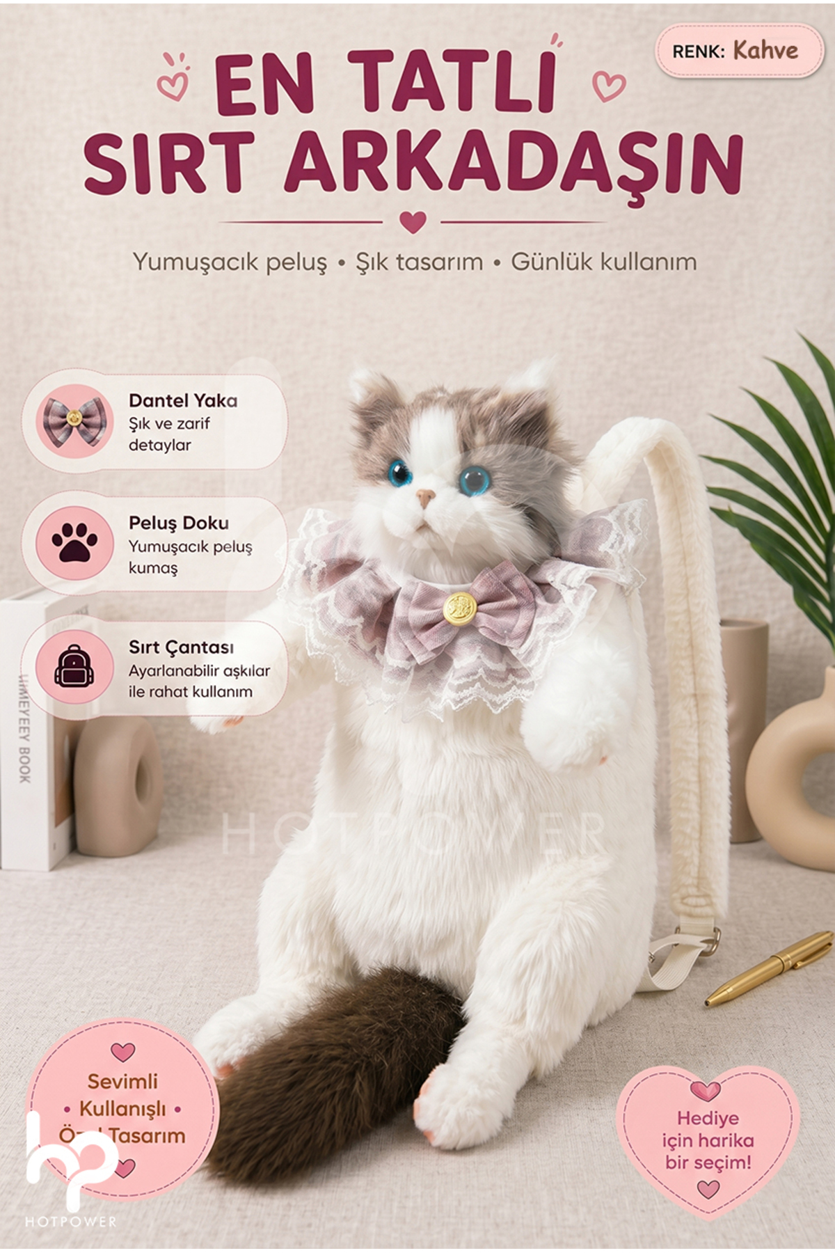 HOT POWER Gerçekçi Kedi Sırt Çantası Peluş Cat Backpack Sevimli