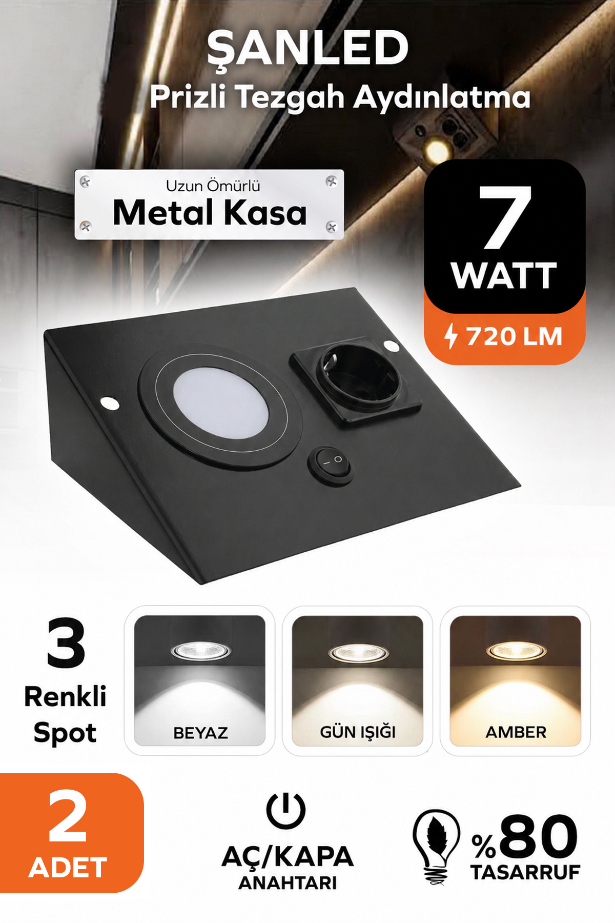 ŞANLED 7w 3 Renkli Siyah Kasa Prizli Dolap & Tezgah Altı Metal Led