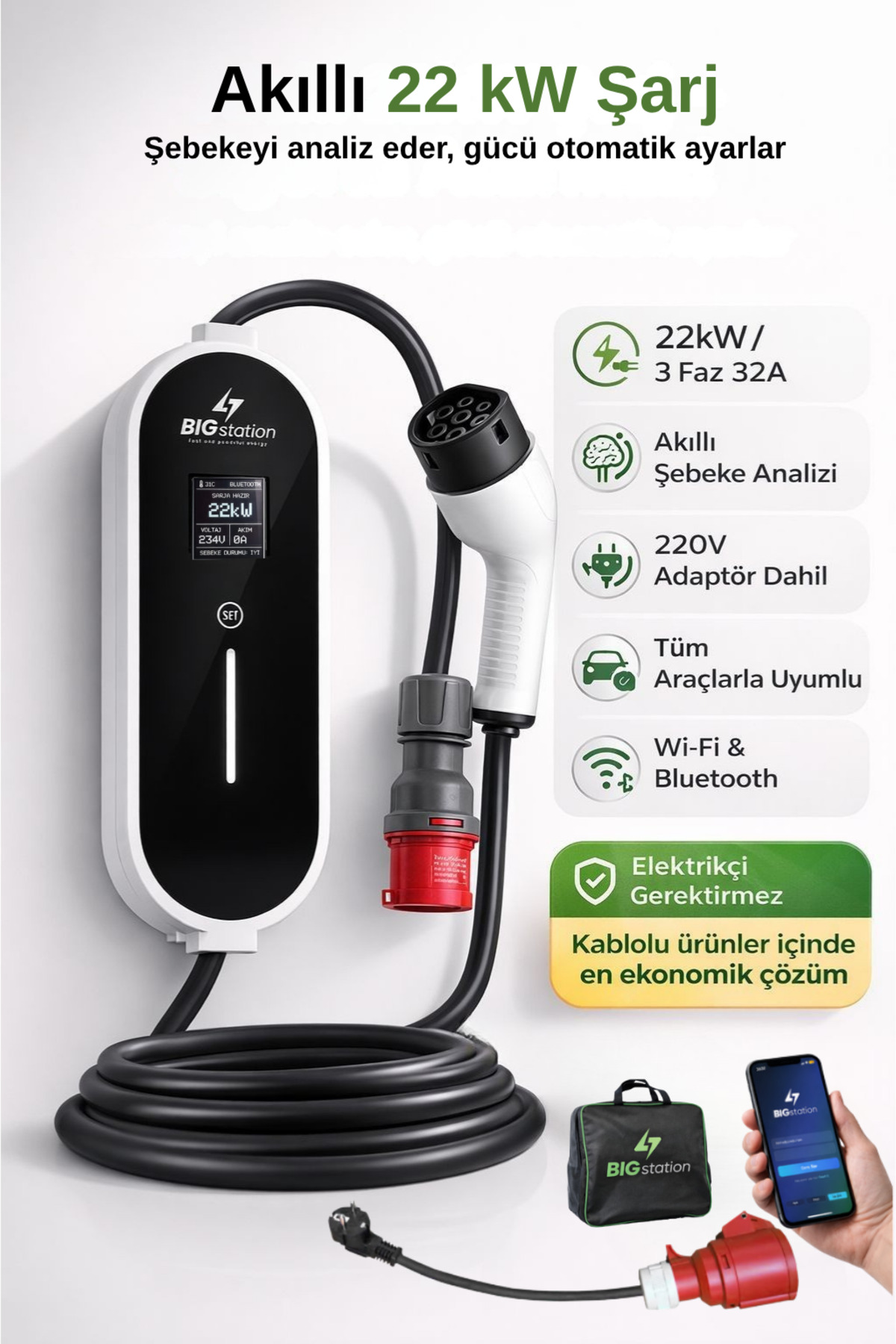 산영 BIGstation 22kW Taşınabilir Akıllı EV AC Şarj Cihazı Wi-Fi