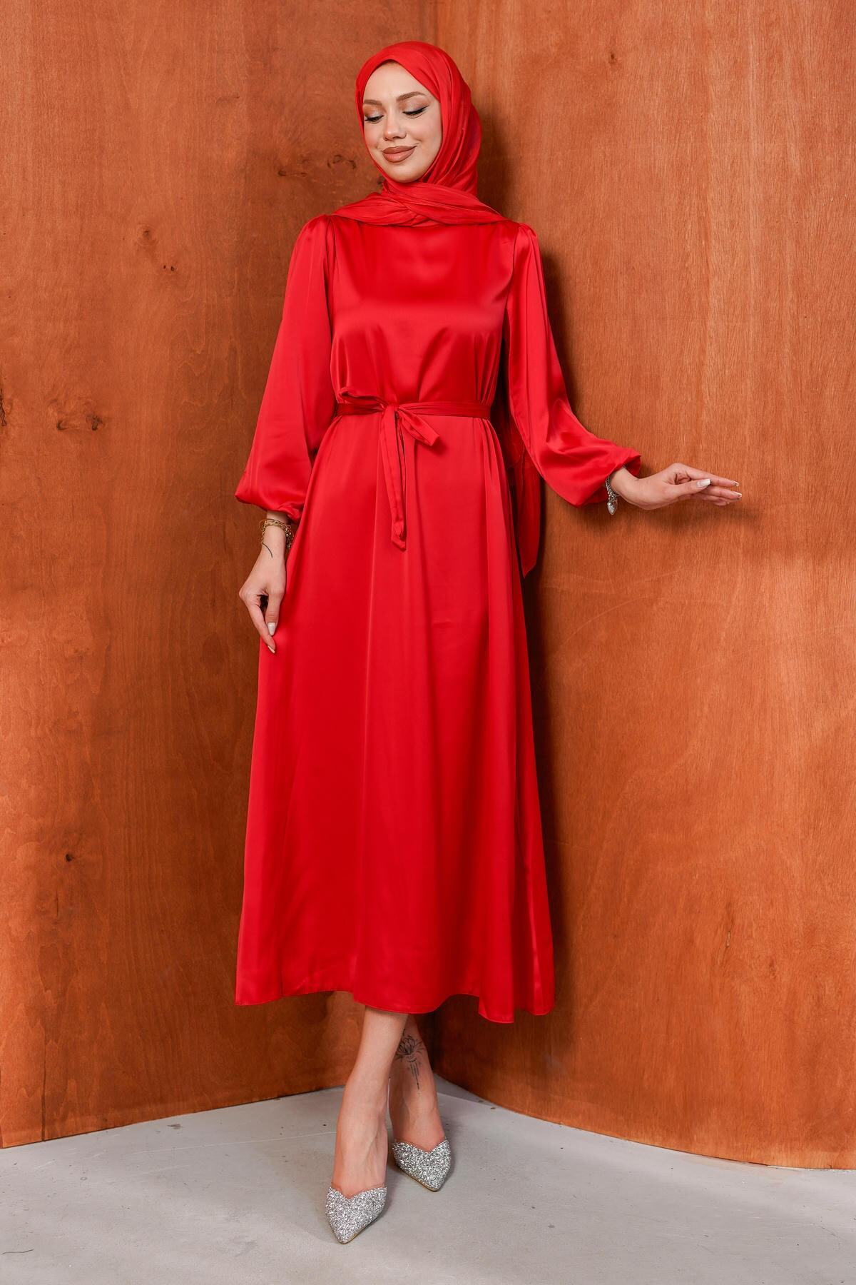 Red Judge Collar Balloon Sleeve Satin Evening Dress