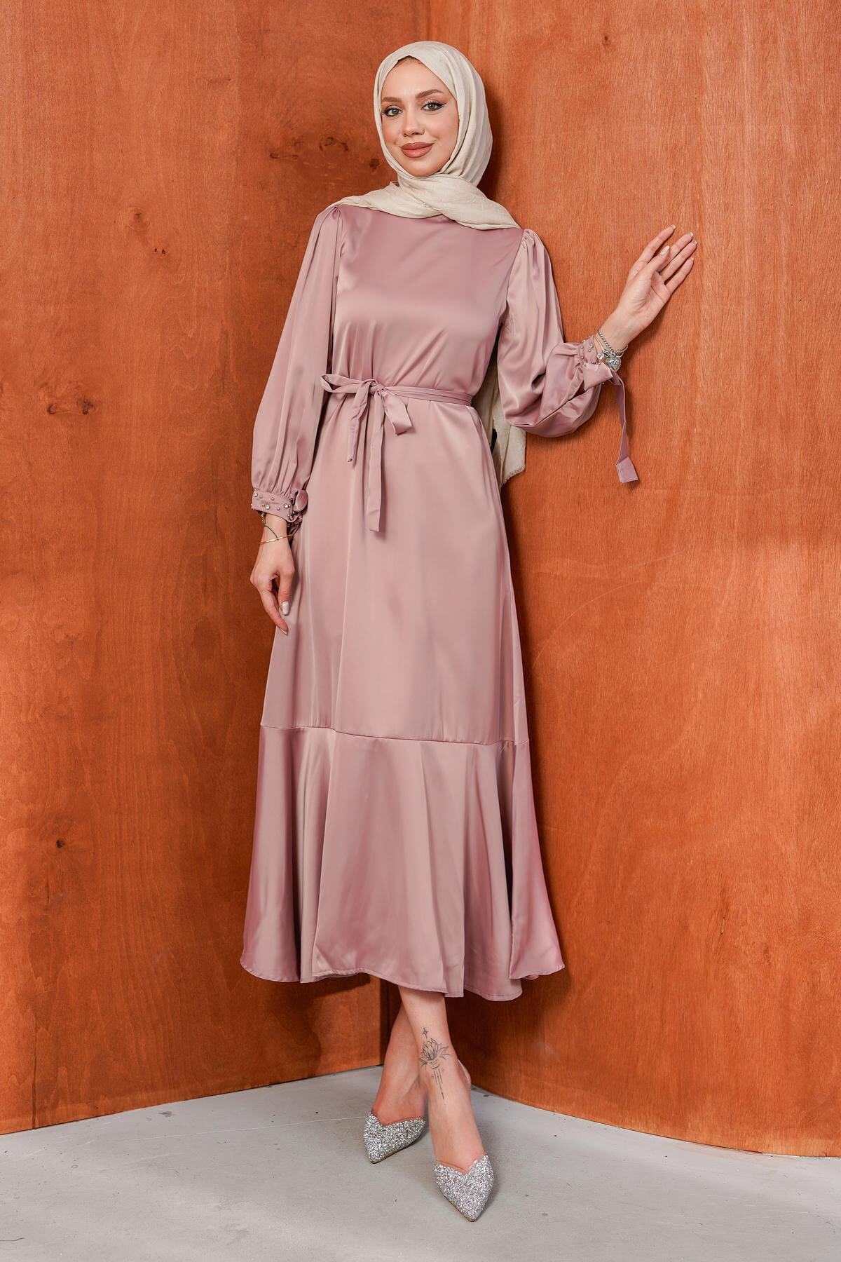 Beige Stone Detailed Skirt Flywheel Satin Evening Dress