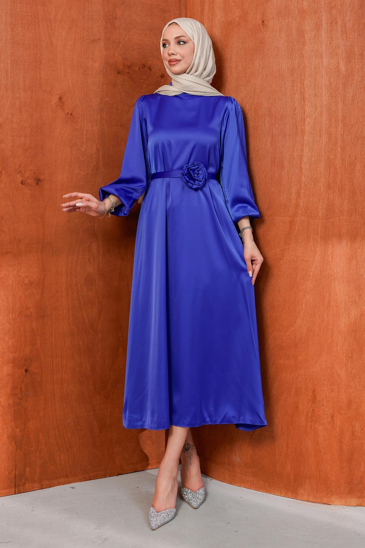 Saxe Blue Rose Belt Detailed Balloon Sleeve Satin Evening Dress