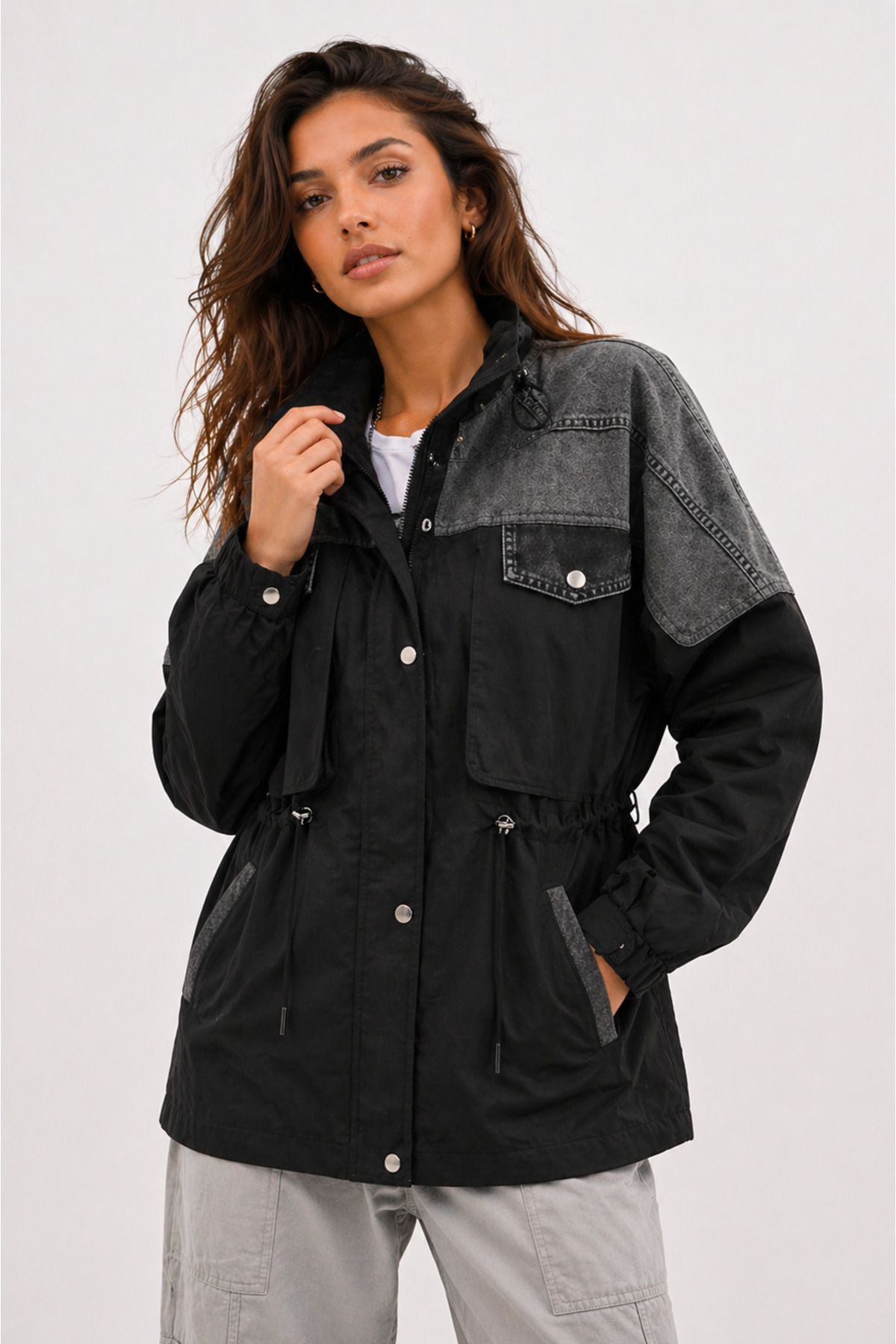 Zylen Denim Detaylı Mix Uzun Yağmurluk Kadın