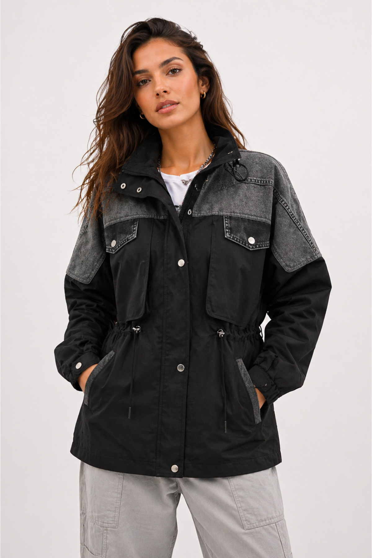 Zylen Denim Detaylı Mix Uzun Yağmurluk Kadın görsel 3