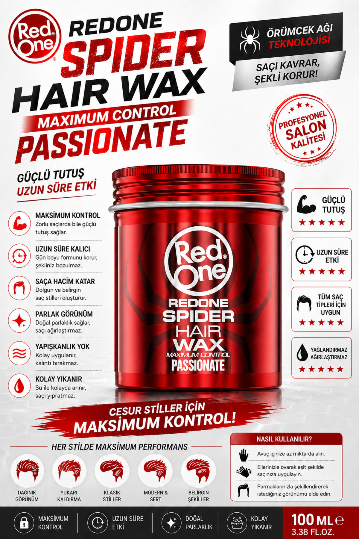 Red One Redone Kırmızı Spider Gün Boyu Etkili Parlak Saç Şekillendirci Wax 100ml - Fiyatı, Yorumları
