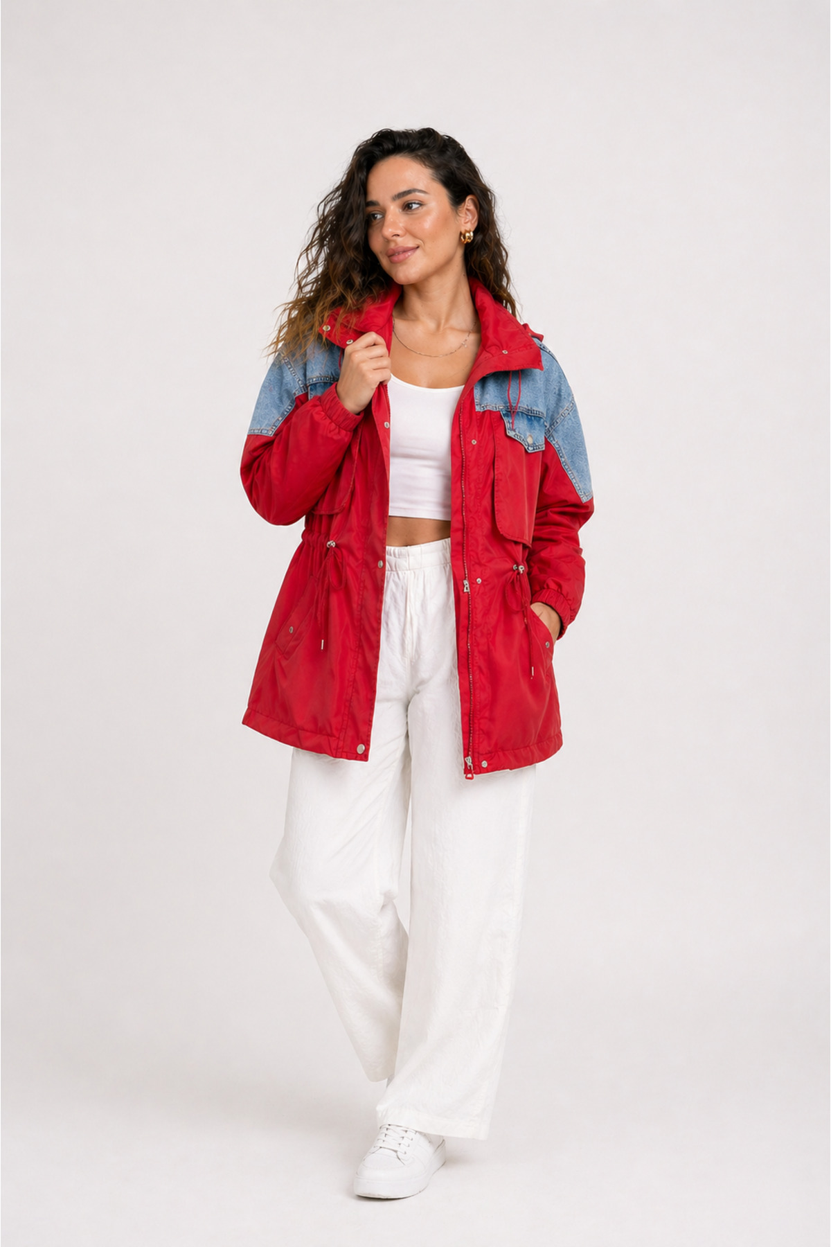 Zylen Denim Detaylı Mix Uzun Cepli Yağmurluk Kadın görsel 2
