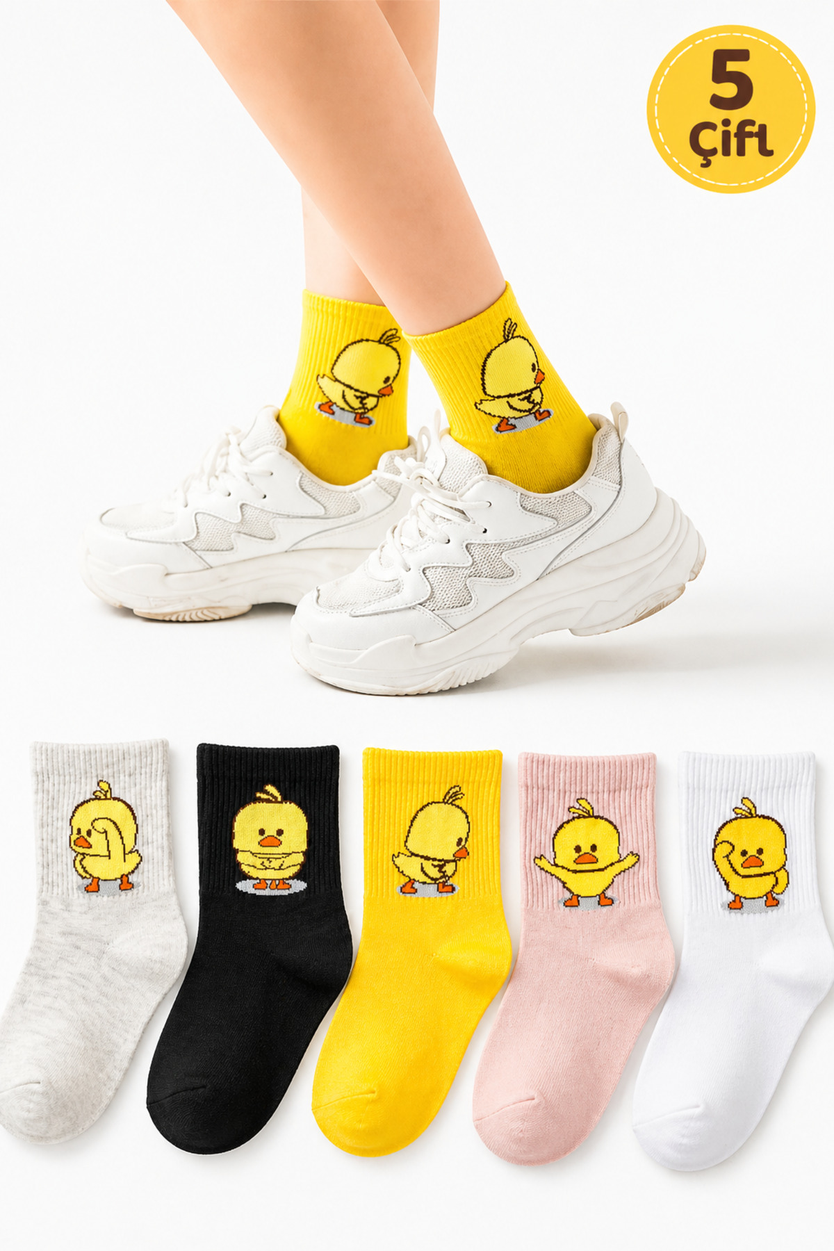 çorapkolik 5 Çift Unisex Renkli Çeşitli Desenli Yıkamalı Civciv Kolej Tenis Çorap
