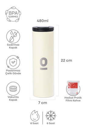 Espressolab Paslanmaz Çelik Ekru Uzun Termos 480 ml No:48