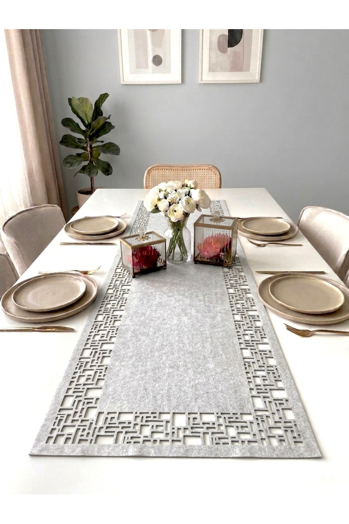 STONE COLOR Suede Fabric Runner 40x140 Cm Table Length - Geometric Rectangular Pattern