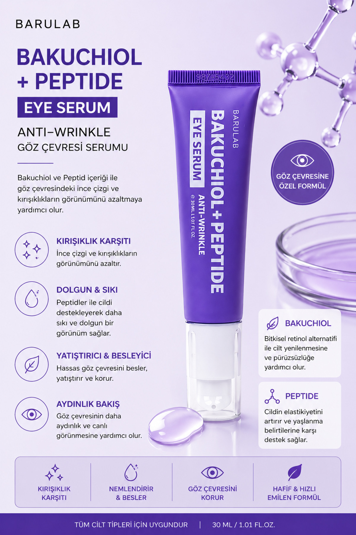 Barulab BAKUCHIOL PEPTIDE ANTI-WRINKLE EYE SERUM - Kırışıklık Karşıtı Yüz ve Göz Çevresi kremi 30ml — TYCB52DCEC23722300