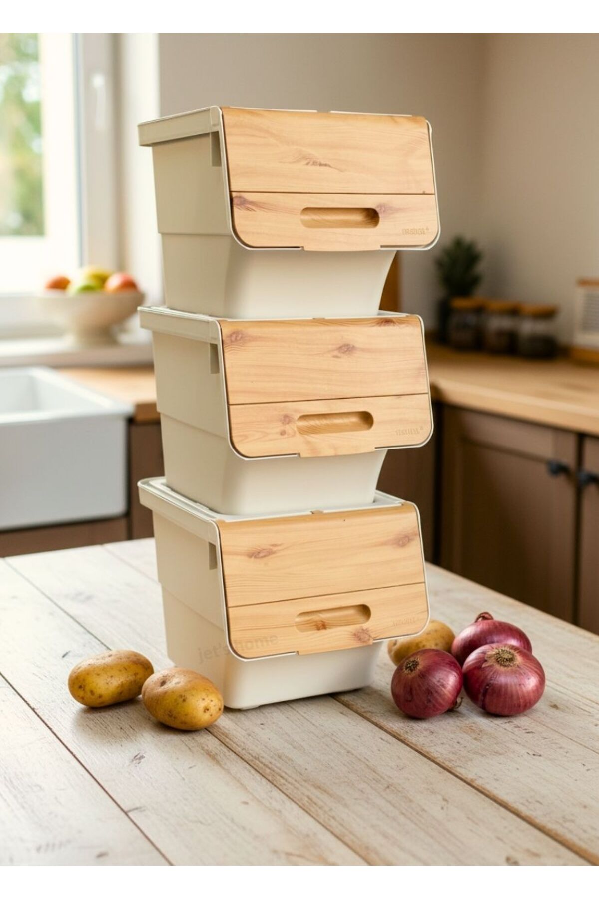 3-Wheeled Bamboo Color Vegetable Bowl - Potato Onion Basket Organizer - 36 L Breathable Box