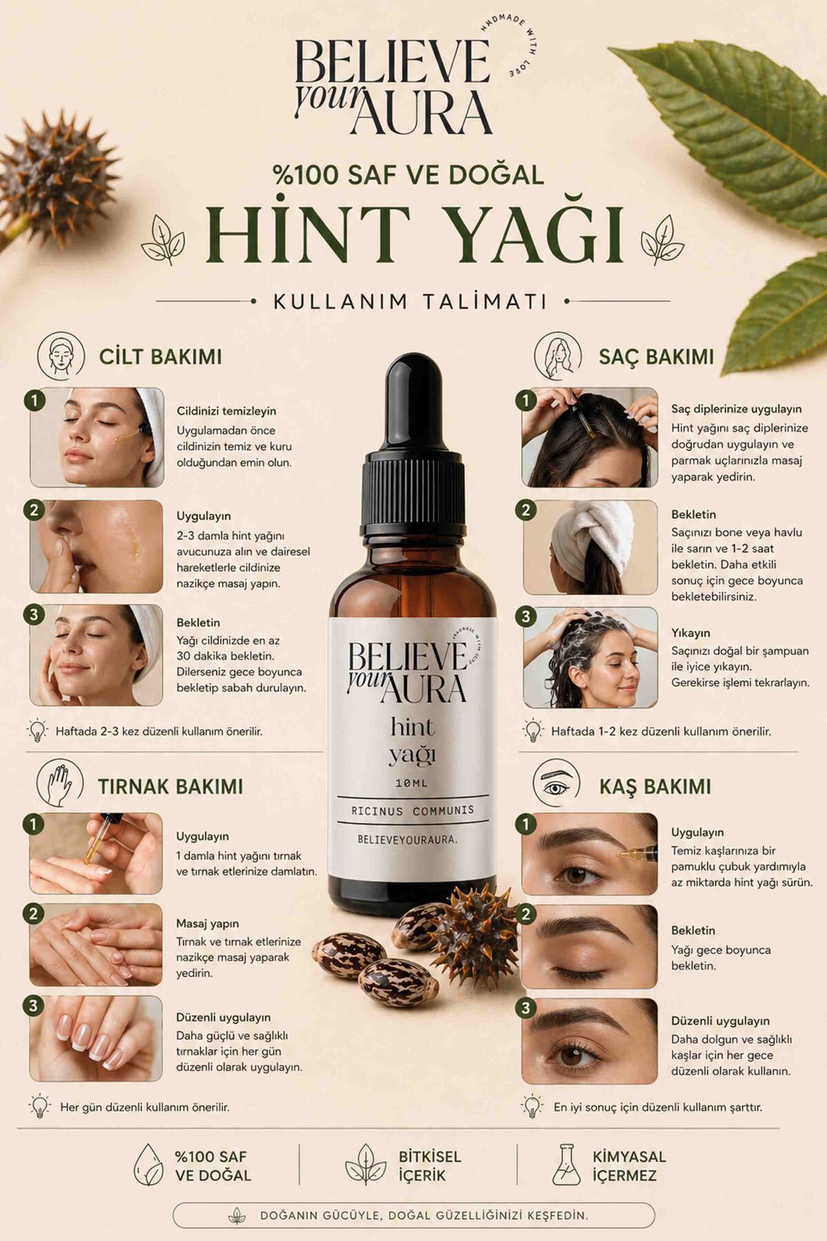 Hint Yağı - %100 Saf Ve Doğal Cilt Ve Saç Bakım Yağı - Castor Oil - 10 ml — ATYHNT — تصویر 5 از 9