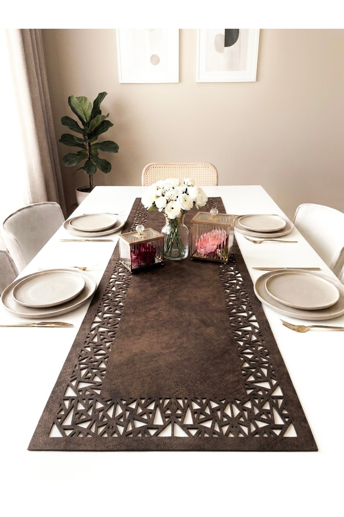 Dark Brown (Venge) Suede Fabric Runner 40x140 Cm Table Length - Geometric Triangle Pattern