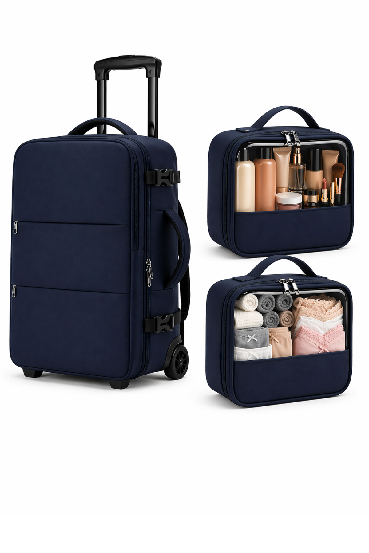 3-PIECE SET 2-Wheel Rickshaw Backpack - Cabin Size Navy Blue Travel Backpack - Suitable for Flight - 2 Years Warranty