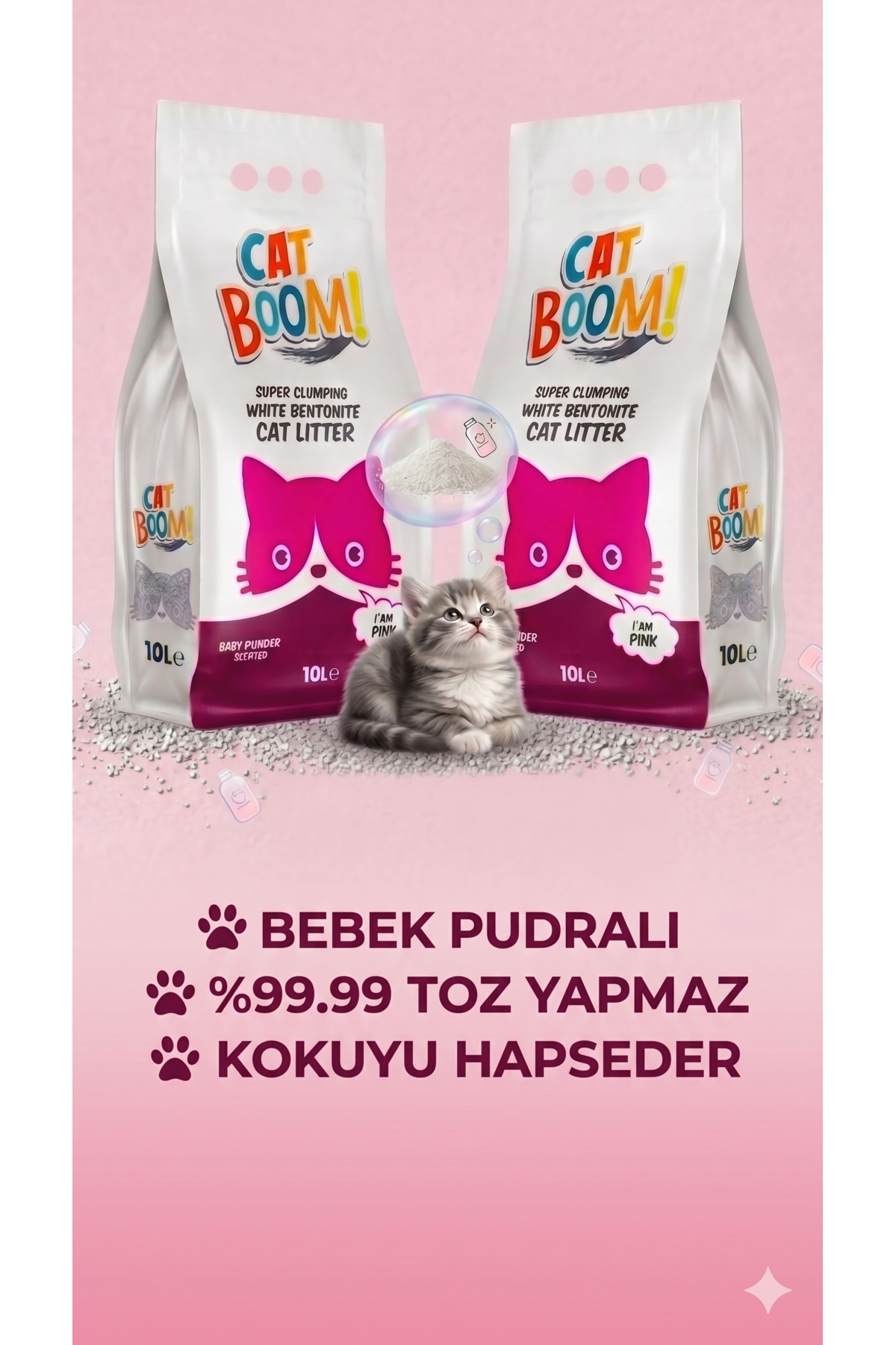 Cat Boom Bebek Pudrası Kokulu Ince Tane Topaklanan Kedi Kumu 10 Lt X 2 Adet