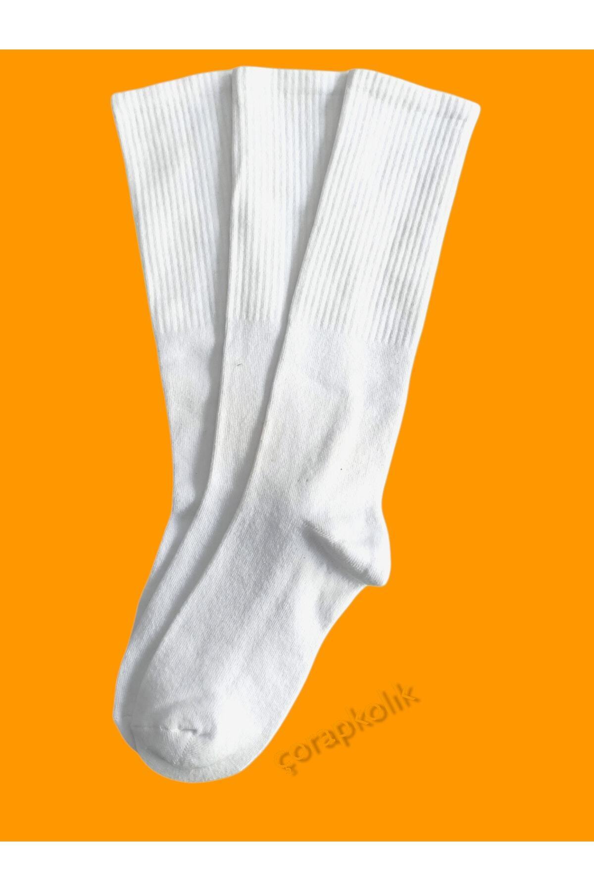 WORTHY SOCKS 3'lü Çizgisiz Beyaz Pamuklu Yıkanmış Diz Altı Tenis Spor Çorap görsel 2