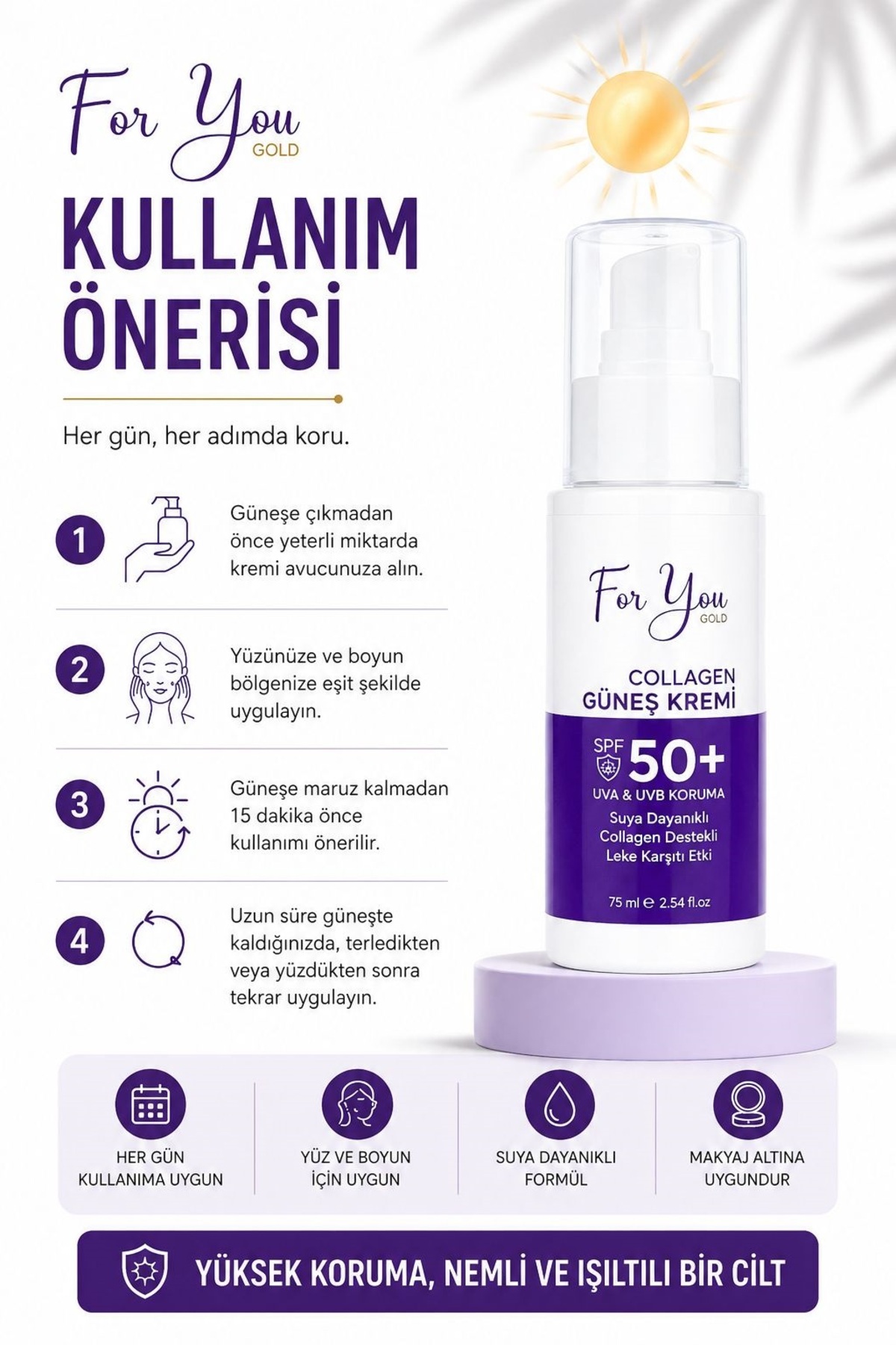 Collagen Destekli, Leke Karşıtı, Yüksek Koruma Ton Eşitleyici SPF+50 Yüz ve Vücut Güneş Kremi 75 ml — colgünes01 — تصویر 3 از 5