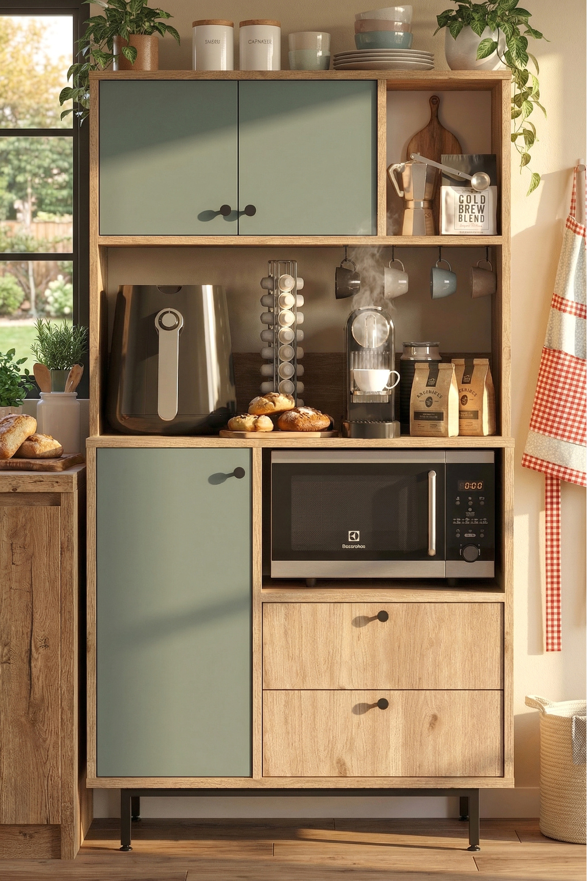 Royce Series Coffee Corner Multipurpose Cabinet Kitchen Cabinet Basket-Linden Green RE3-SY