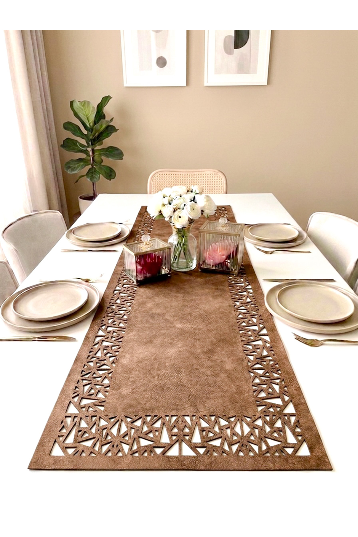 Brown Suede Fabric Runner 40x140 Cm Table Length - Geometric Triangle Pattern
