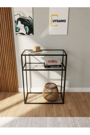 UYGAMO Aire Metal Dresuar Dekoratif Kahve Köşesi Konsol Siyah Şeffaf Camlı 60 cm