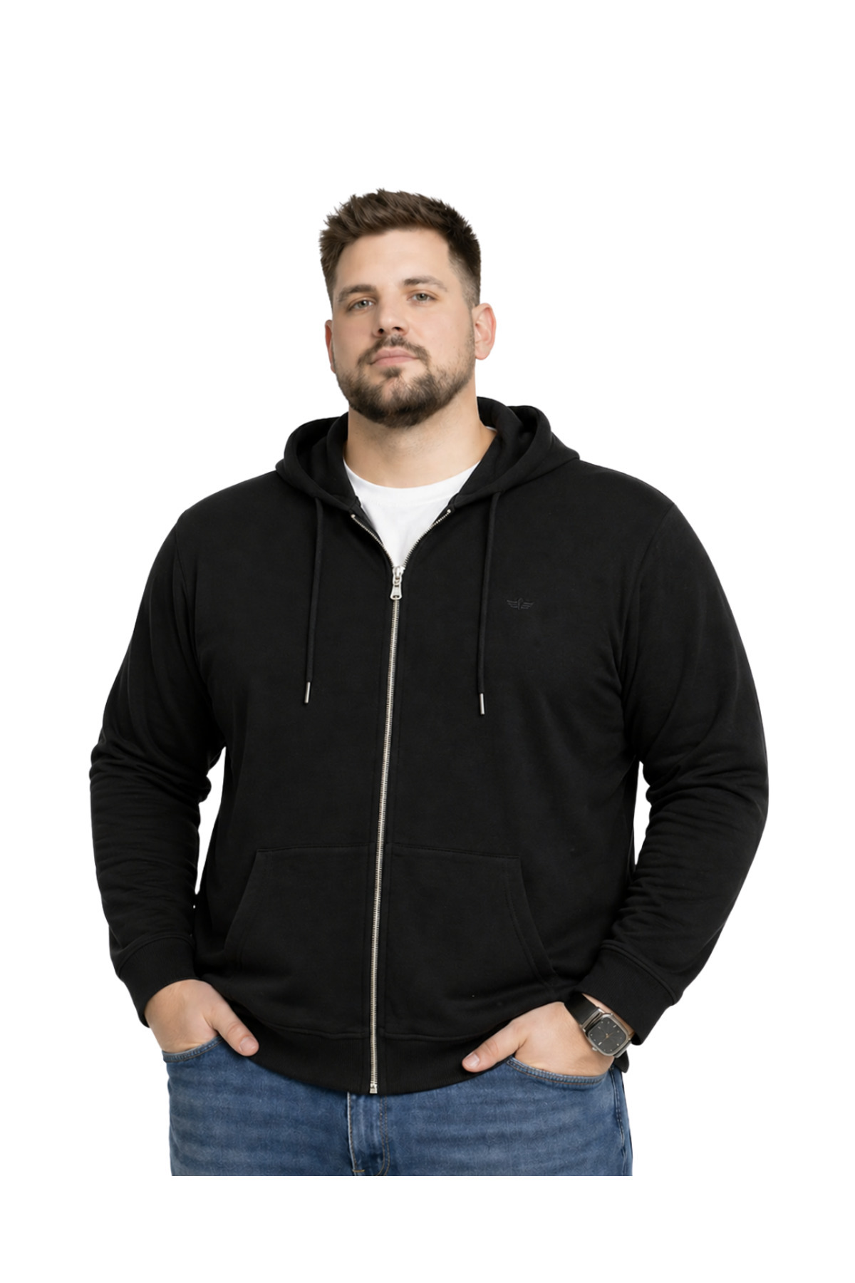 BattalModa Erkek Büyük Beden Siyah İki İplik Kapüşonlu Fermuarlı Hırka 3XL-4XL-5XL-6XL-7XL-8XL