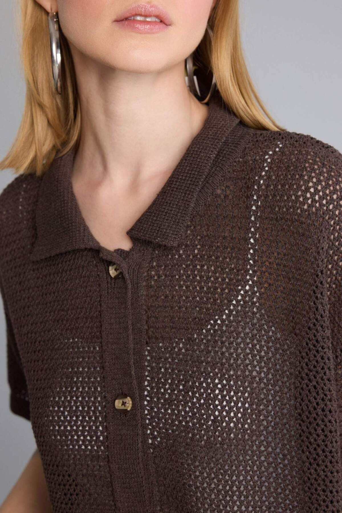 DeFacto Regular Fit Polo Yaka Kısa Kollu Ajurlu Triko Basic Hırka H7745AX26SM görsel 5
