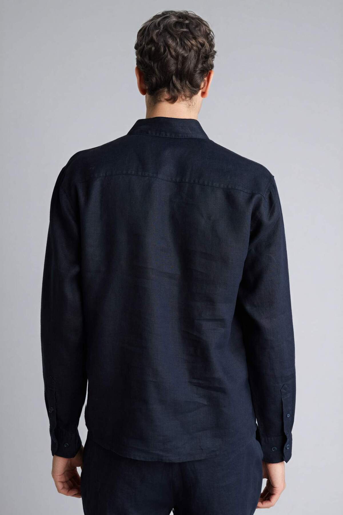%100 Keten Regular Fit Polo Yaka Basic Uzun Kollu Gömlek C1825AX24SM — سرمه‌ای — تصویر 4 از 4