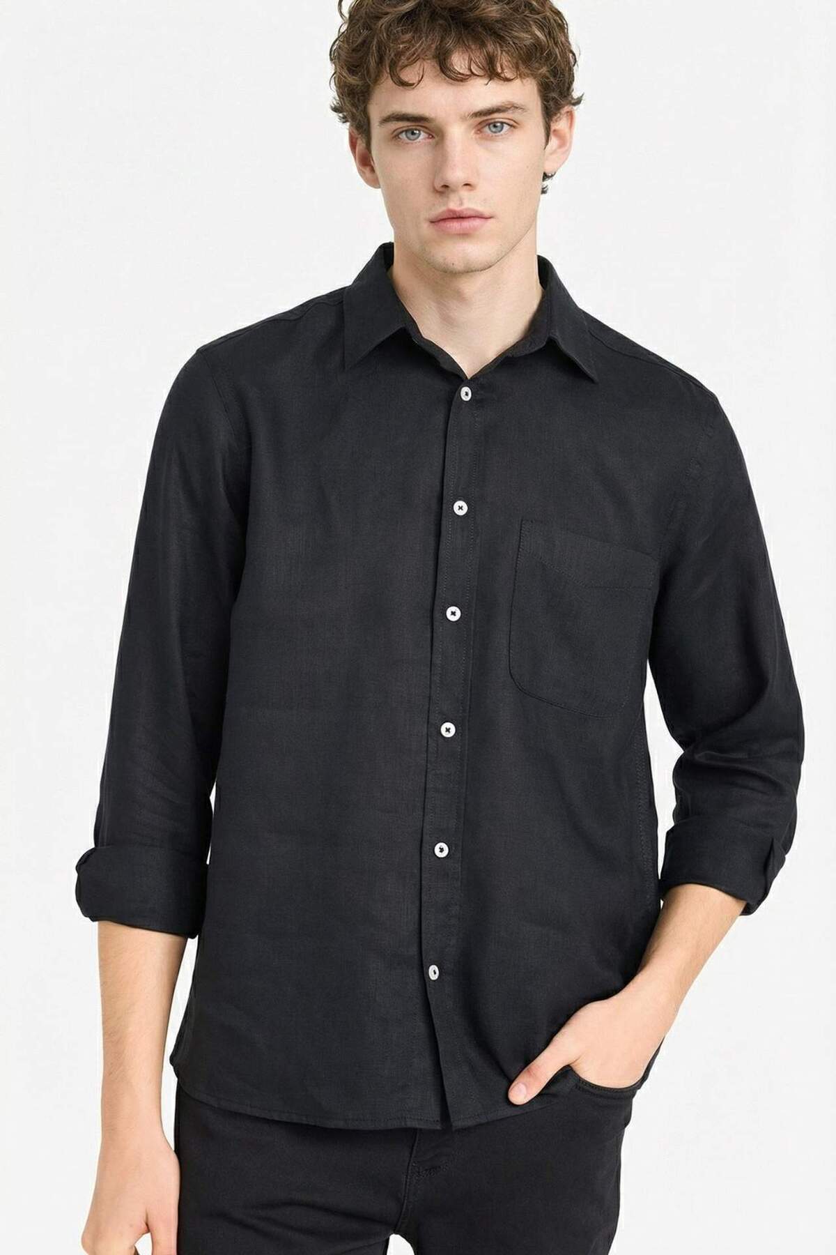 %100 Keten Regular Fit Gömlek G0788AX26SM — مشکی — تصویر 4 از 6