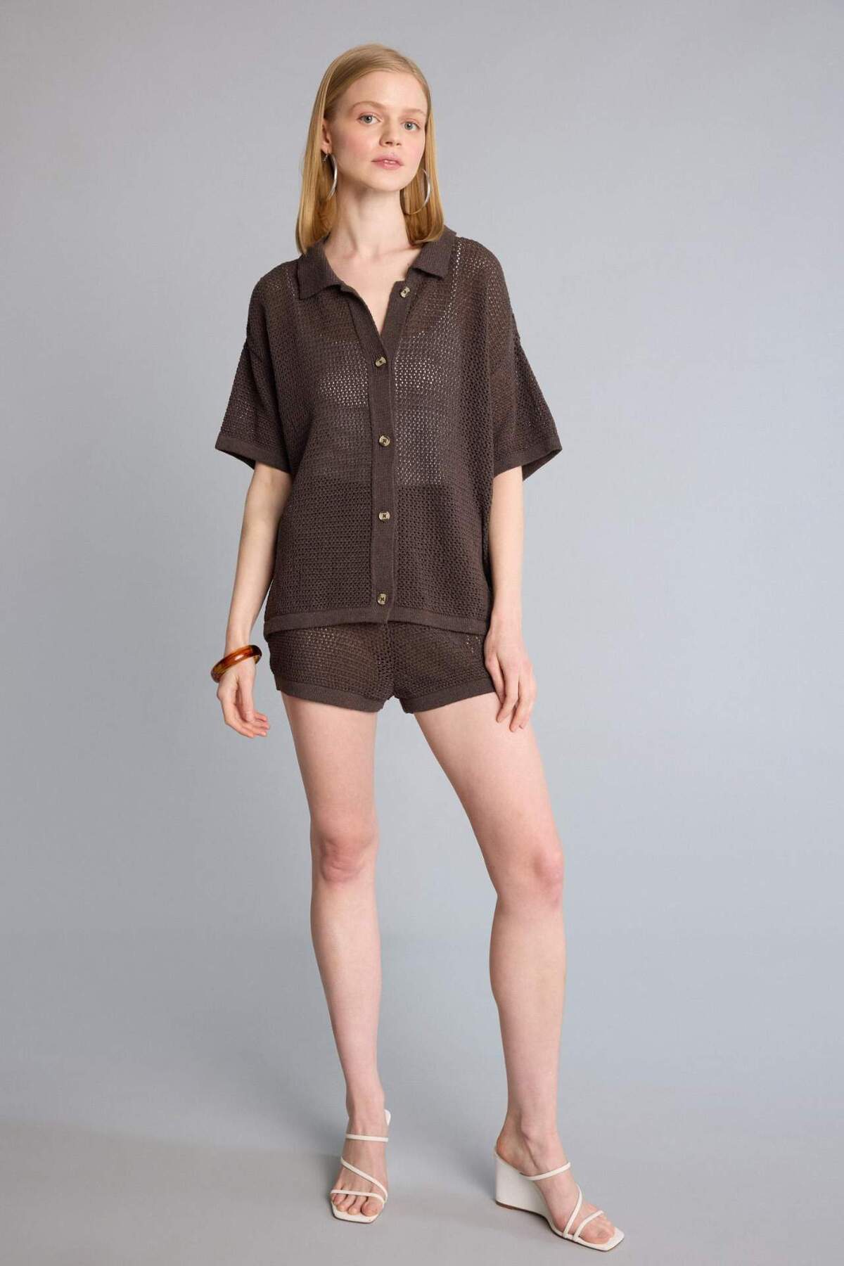 DeFacto Regular Fit Polo Yaka Kısa Kollu Ajurlu Triko Basic Hırka H7745AX26SM görsel 2