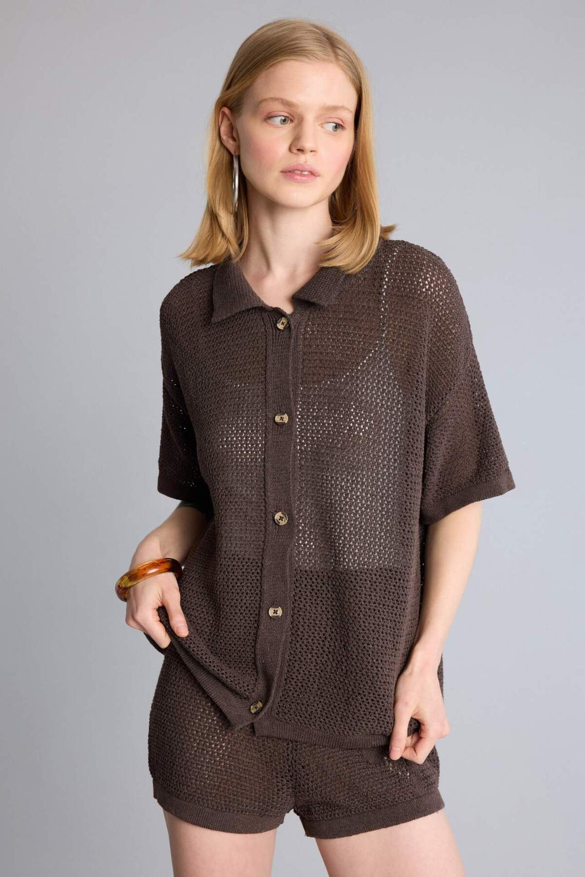 DeFacto Regular Fit Polo Yaka Kısa Kollu Ajurlu Triko Basic Hırka H7745AX26SM görsel 3