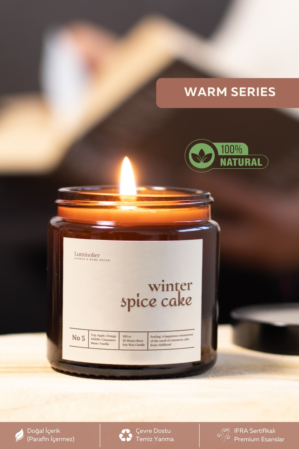 Cinnamon & Orange Scented Natural Soy Candle – 100cc Amber Glass Jar, Warm and Spicy Environment