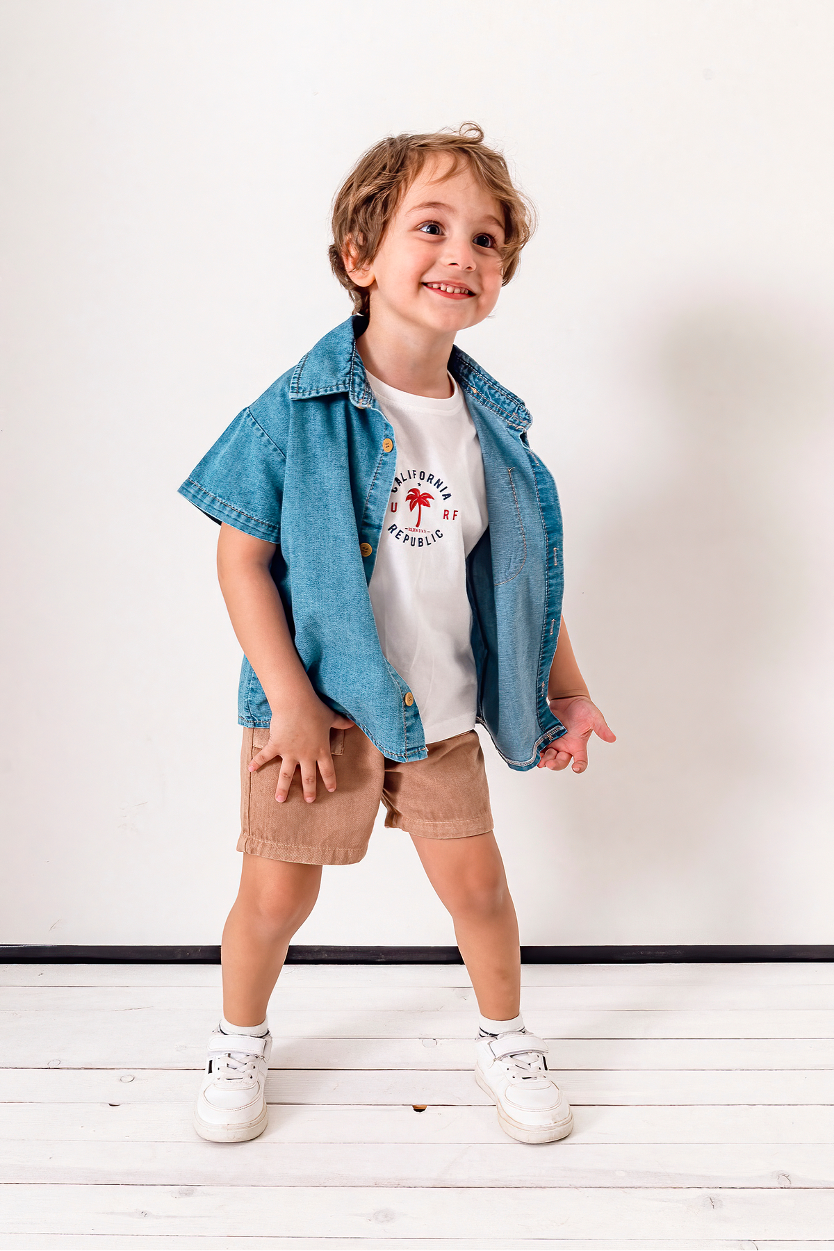 Short Sleeve Denim Shirt Shorts 3pcs Summer Boys' Suit