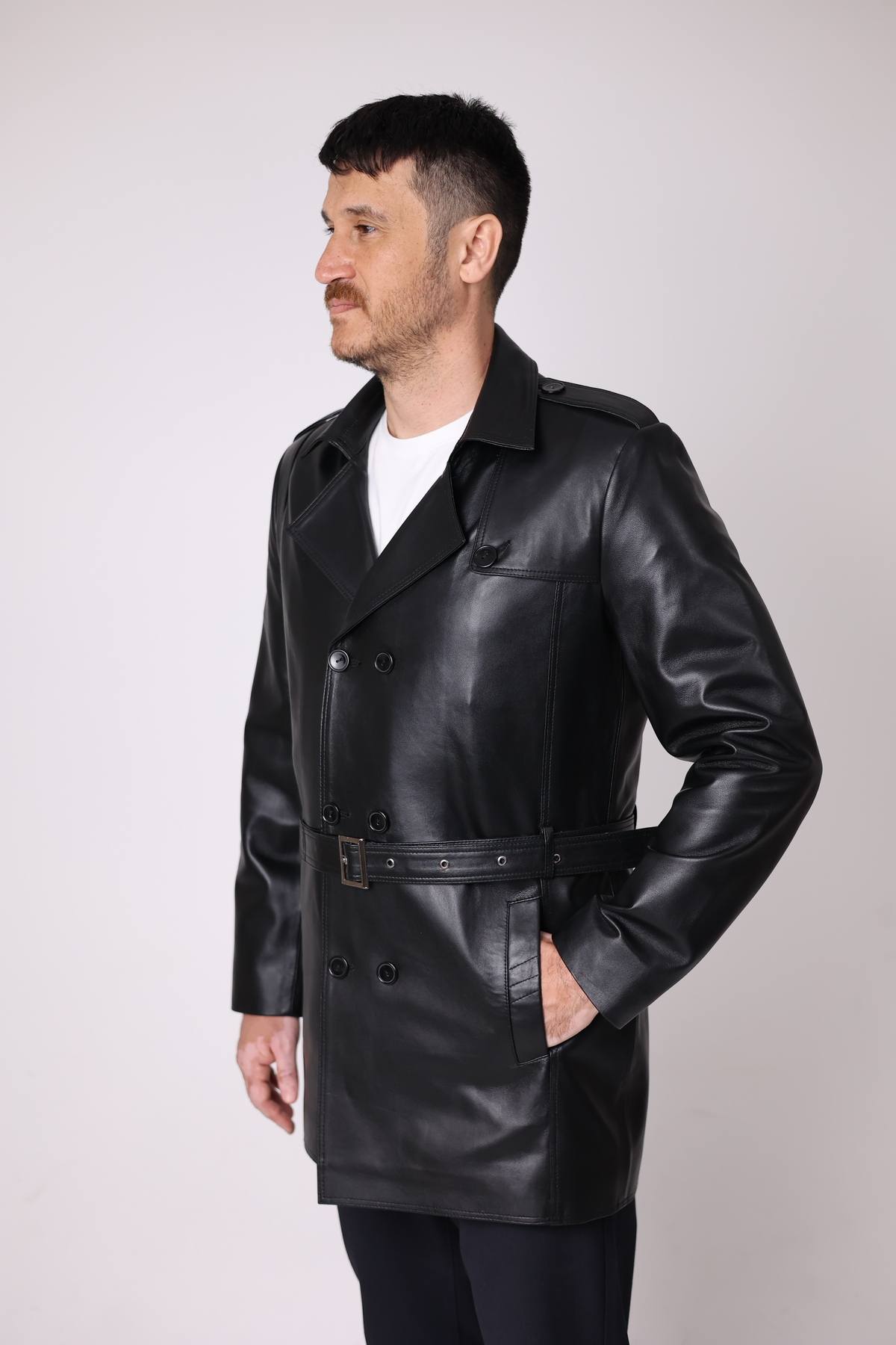 Antilop Deri Hakiki Deri Siyah Deri Trençkot Model Detaylı Deri Ceket görsel 2