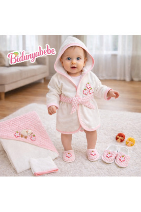 cles couture Pembe Kuzucuklu bebek bornoz seti -%100 pamuklu-Kutulu