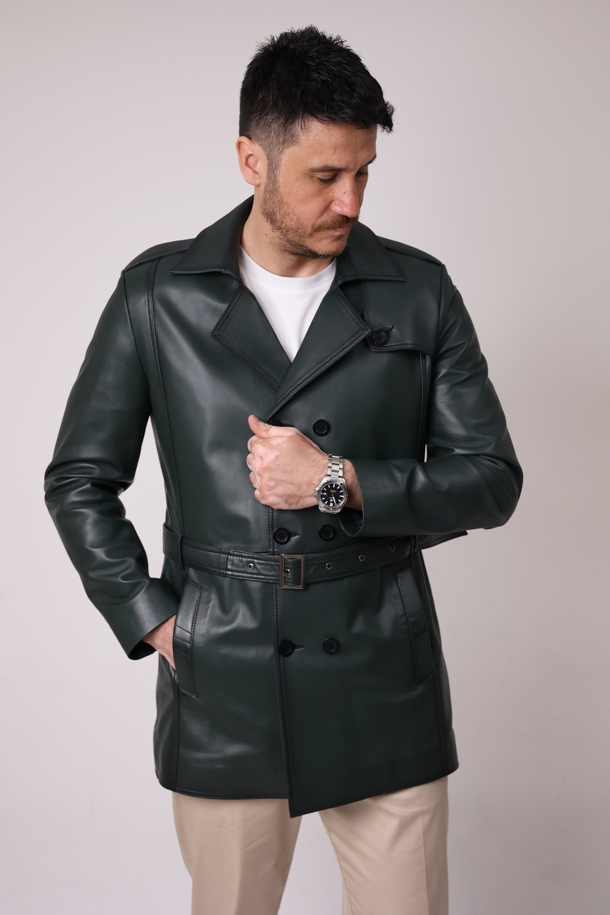 Antilop Deri Yeşil Renkte Deri Trençkot Model Detaylı Deri Ceket görsel 2